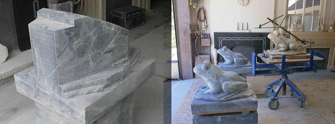 Fountain Frogs carved from Verde Marble blocks for Thornton Gardens, San Marino, CA. Progress pictures
